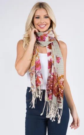 PMW913 Flower Print Oblong Scarf w/Fringes