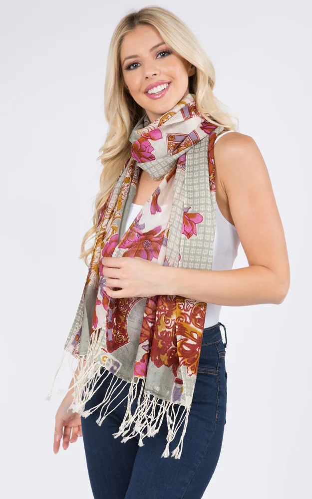 PMW913 Flower Print Oblong Scarf w/Fringes