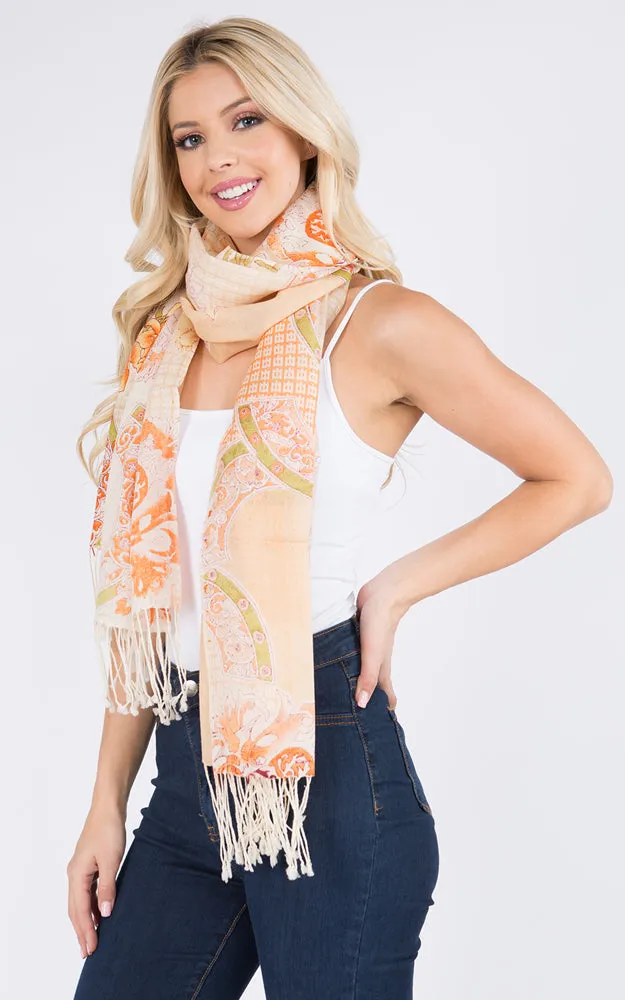 PMW913 Flower Print Oblong Scarf w/Fringes