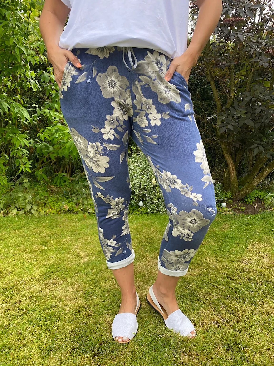 Printed Denim Floral Joggers