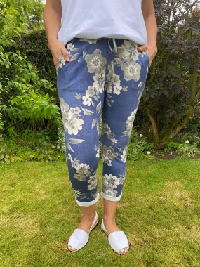 Printed Denim Floral Joggers