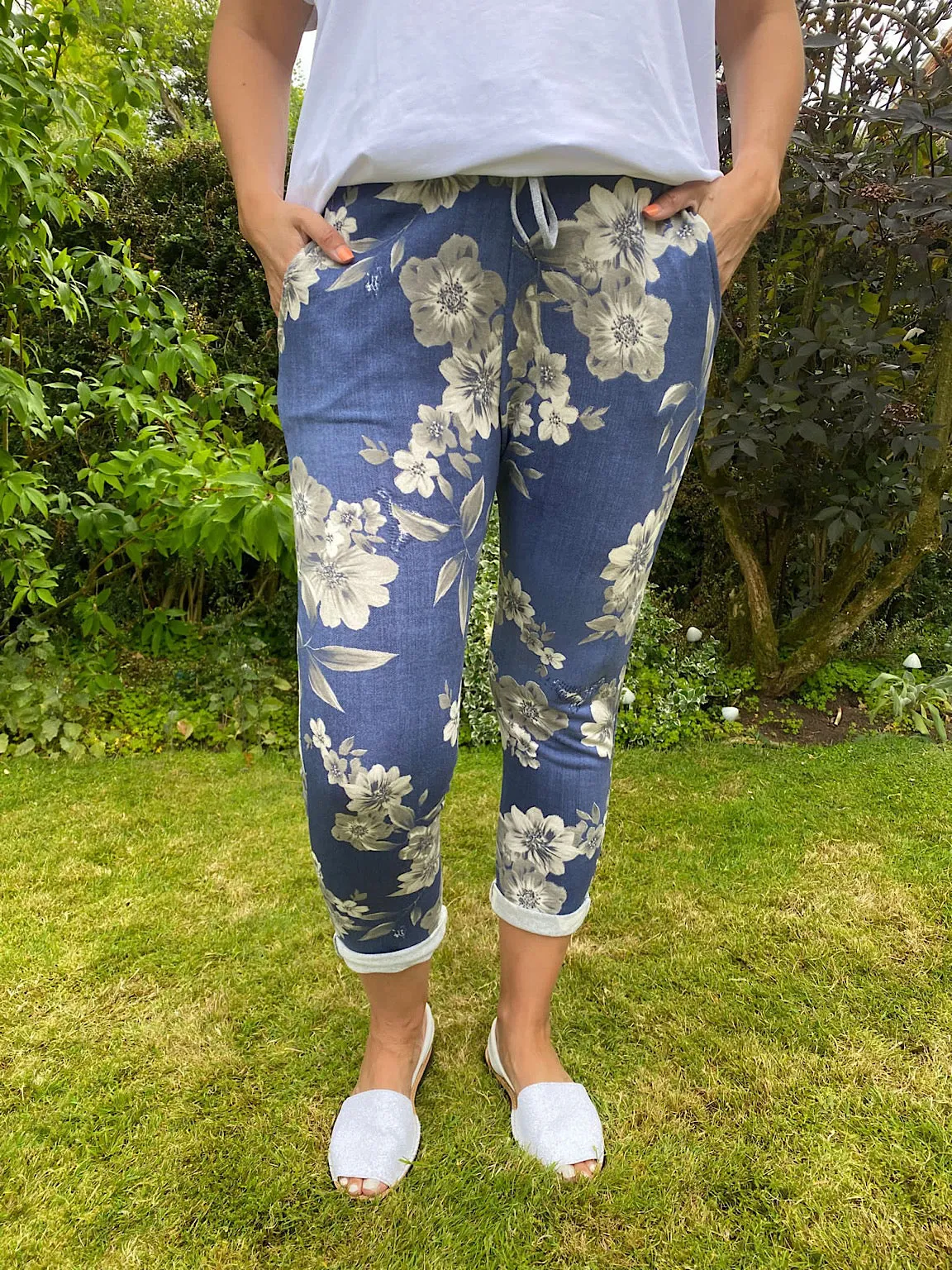 Printed Denim Floral Joggers