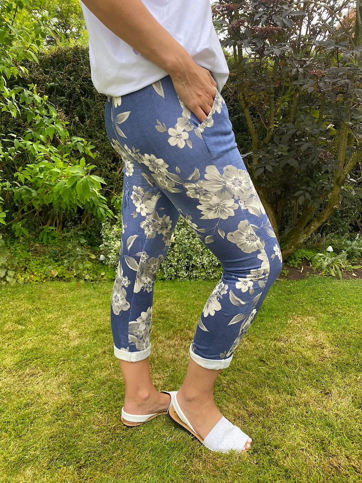 Printed Denim Floral Joggers