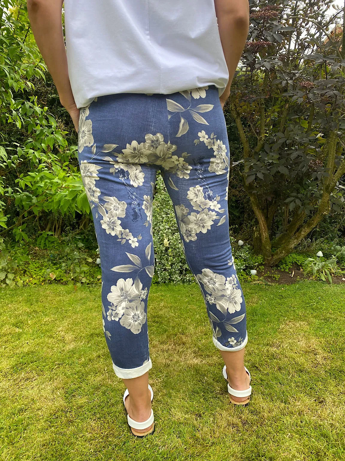 Printed Denim Floral Joggers