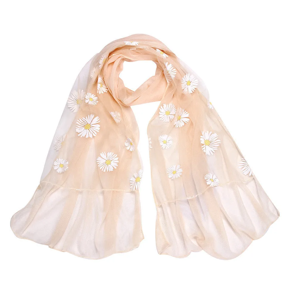 Silk Scarf Women Long Wrap Shawl Girls Daisy Neck Circle Scarves Feida