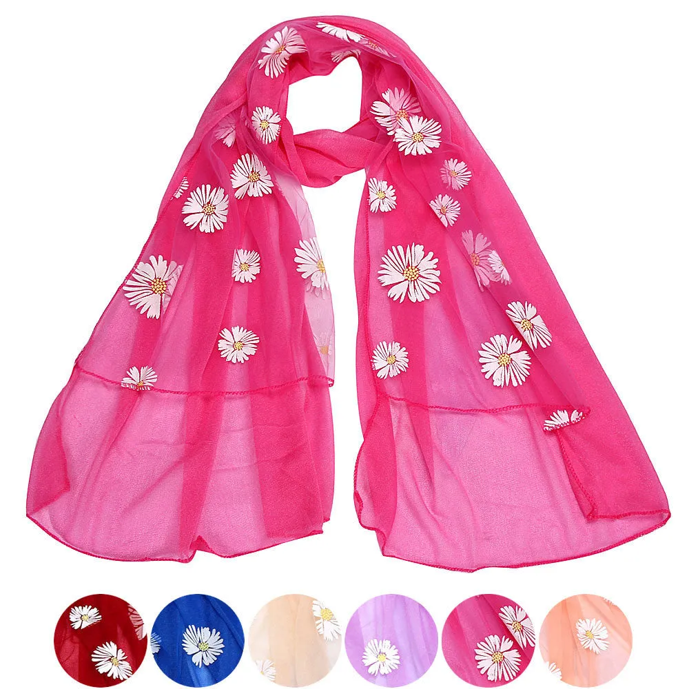 Silk Scarf Women Long Wrap Shawl Girls Daisy Neck Circle Scarves Feida