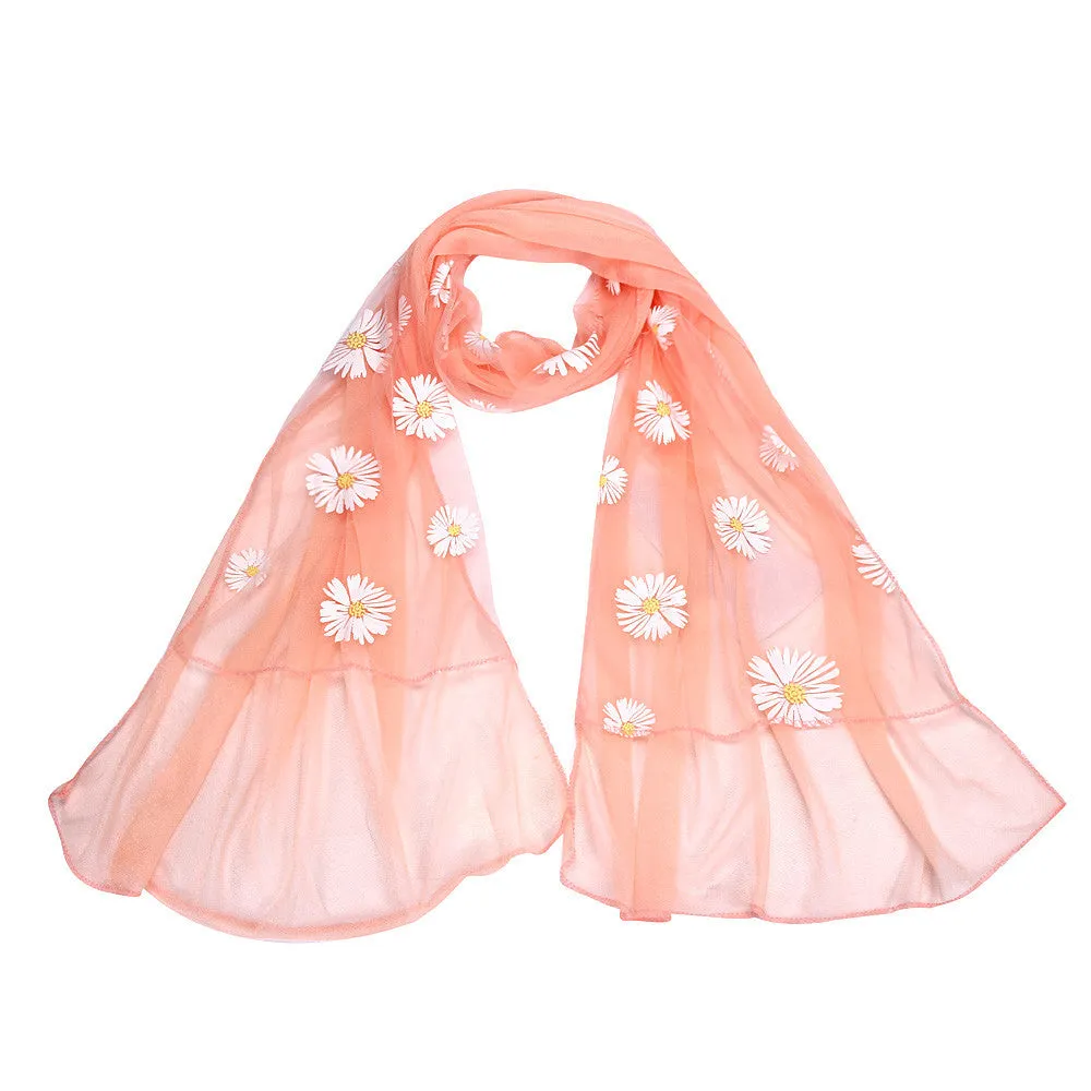 Silk Scarf Women Long Wrap Shawl Girls Daisy Neck Circle Scarves Feida