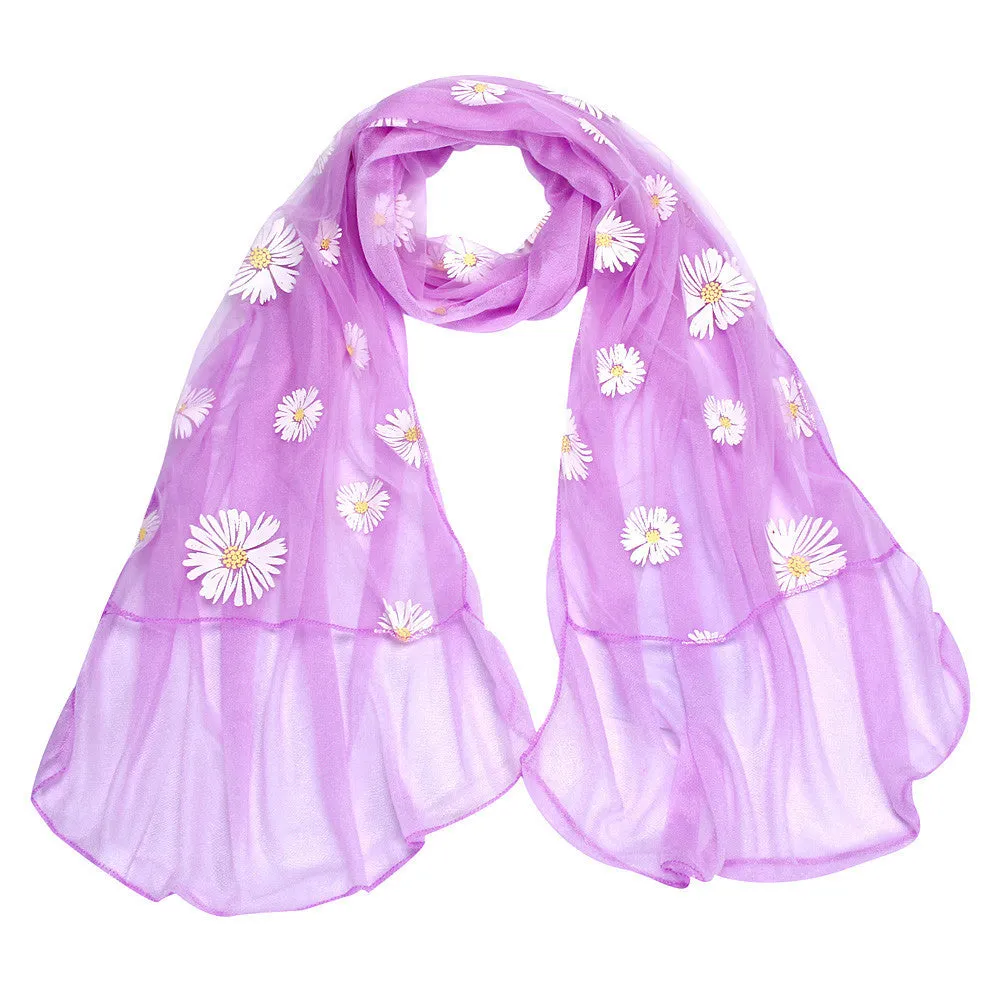 Silk Scarf Women Long Wrap Shawl Girls Daisy Neck Circle Scarves Feida