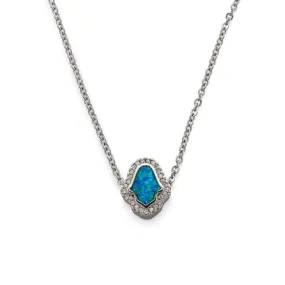 Stainless Steel Blue Hamsa Hand with CZ Pave Necklace