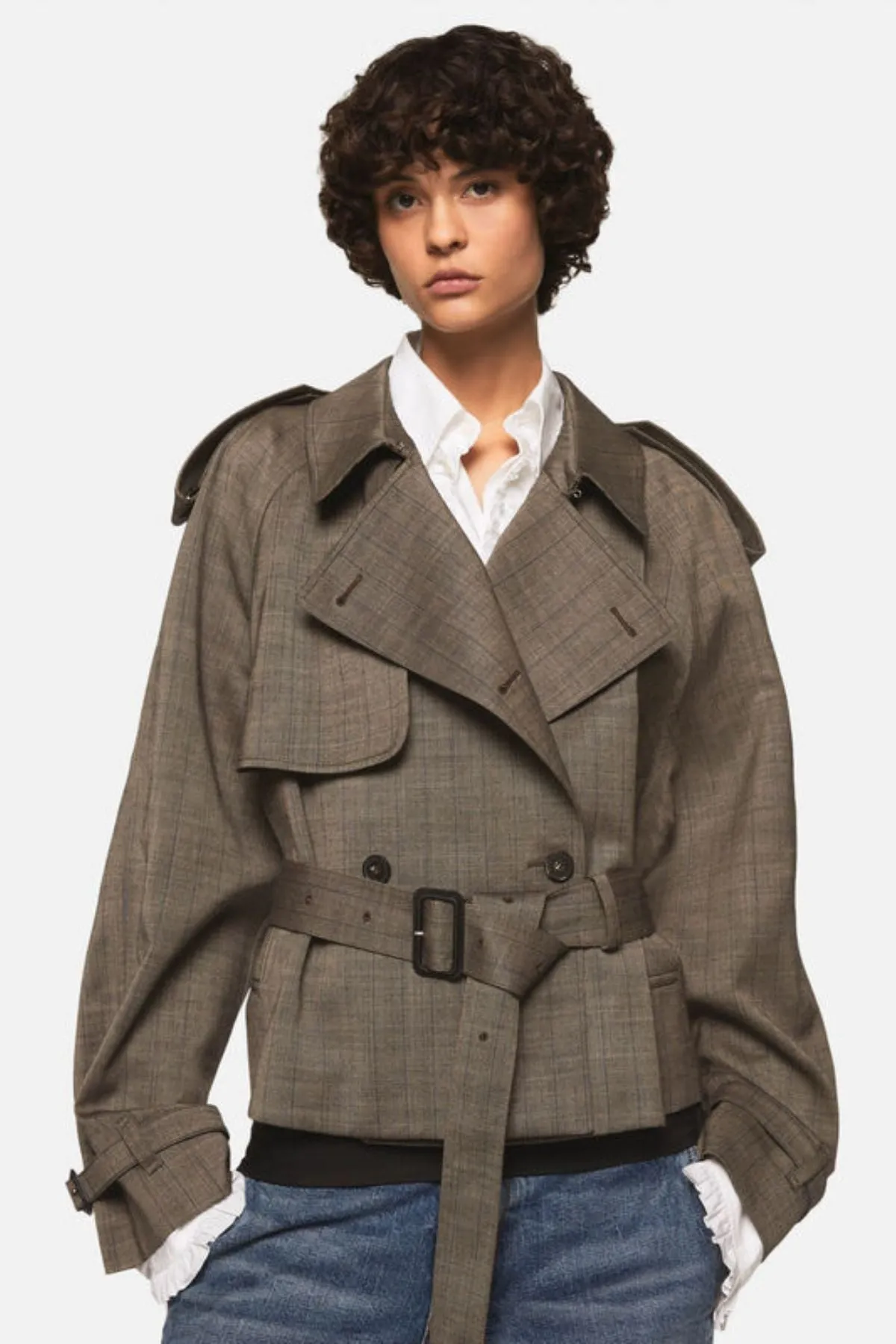 Stella McCartney Cropped Checked Wool Trench Jacket - Stone