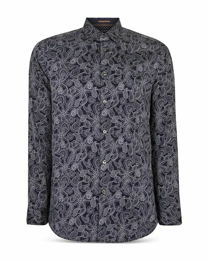 TED BAKER Forsure Paisley Print Long Sleeve Shirt - Navy