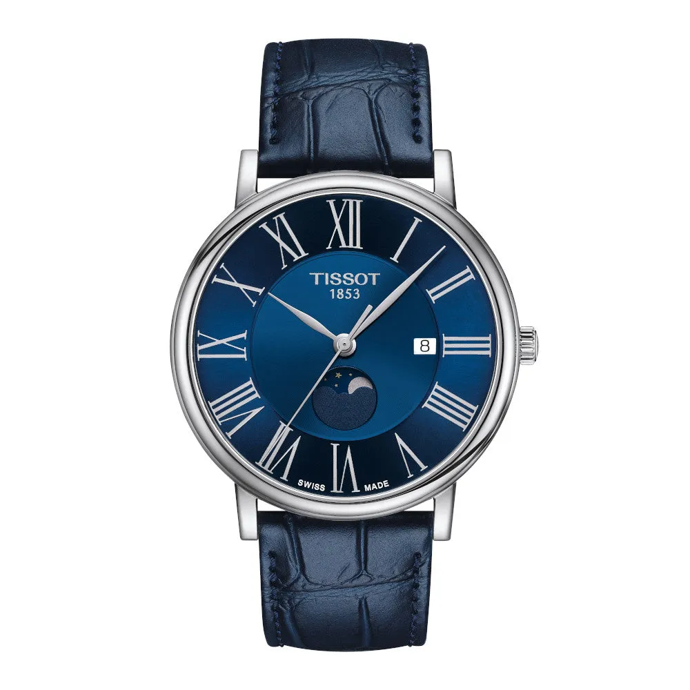 Tissot Carson Premium Moonphase Mens Stainless Steel Blue Dial Blue Leather Strap Watch