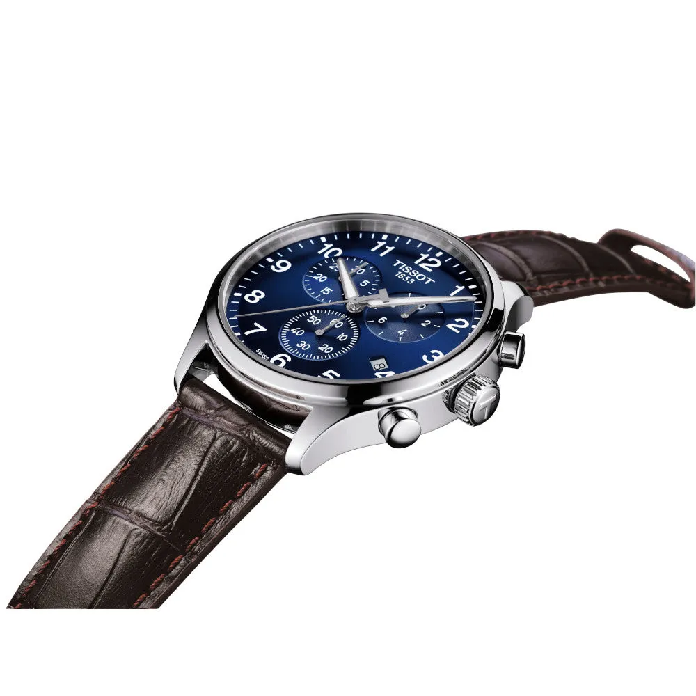 Tissot Chrono XL Classic Mens Stainless Steel Blue Dial Brown Leather Strap Watch