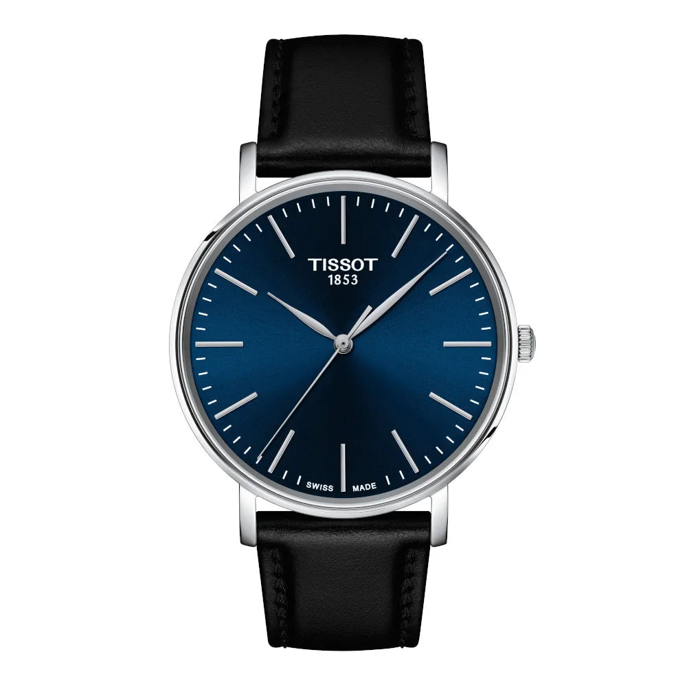 Tissot Everytime Mens Stainless Steel Blue Dial Black Leather Strap Watch