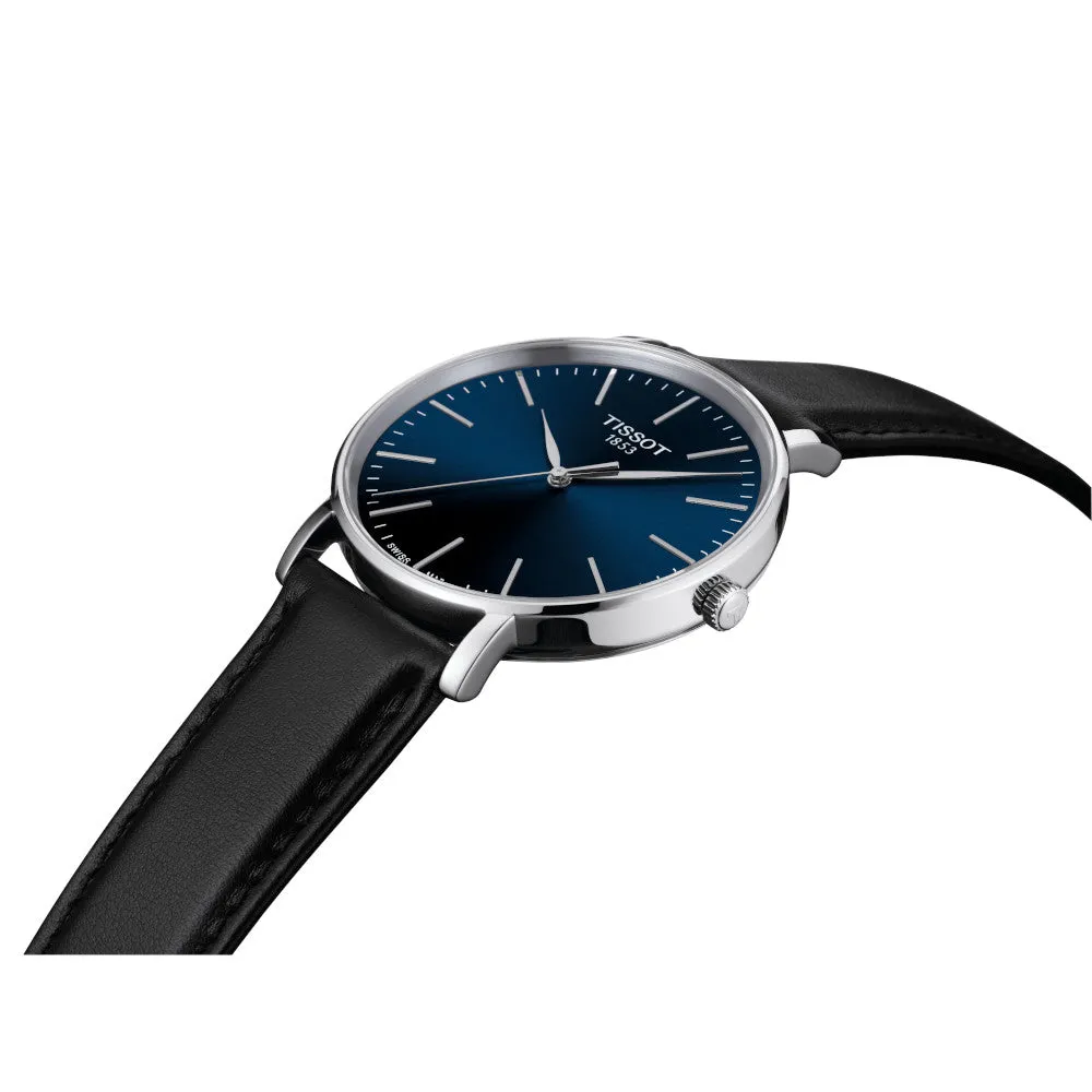 Tissot Everytime Mens Stainless Steel Blue Dial Black Leather Strap Watch