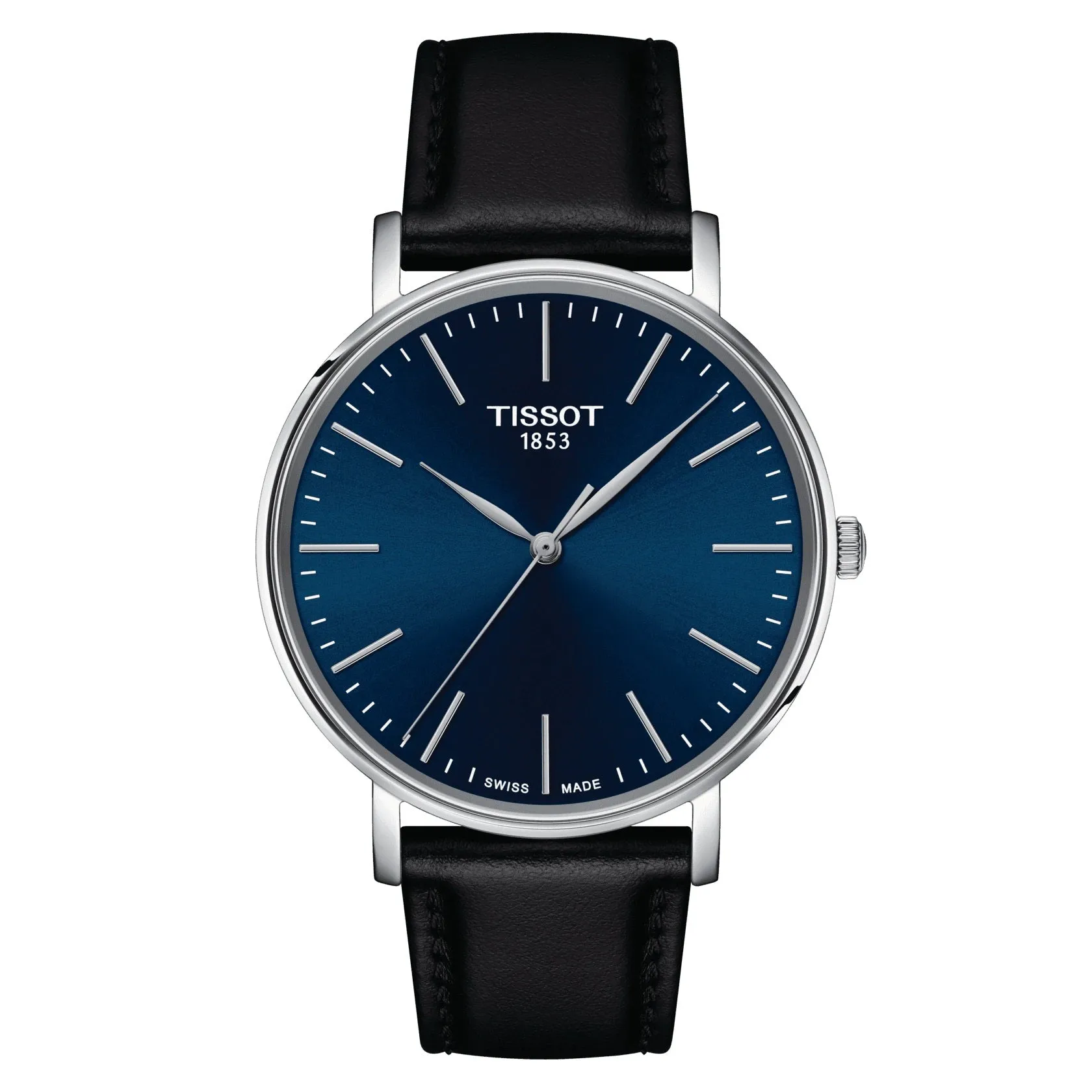 Tissot Everytime Mens Stainless Steel Blue Dial Black Leather Strap Watch