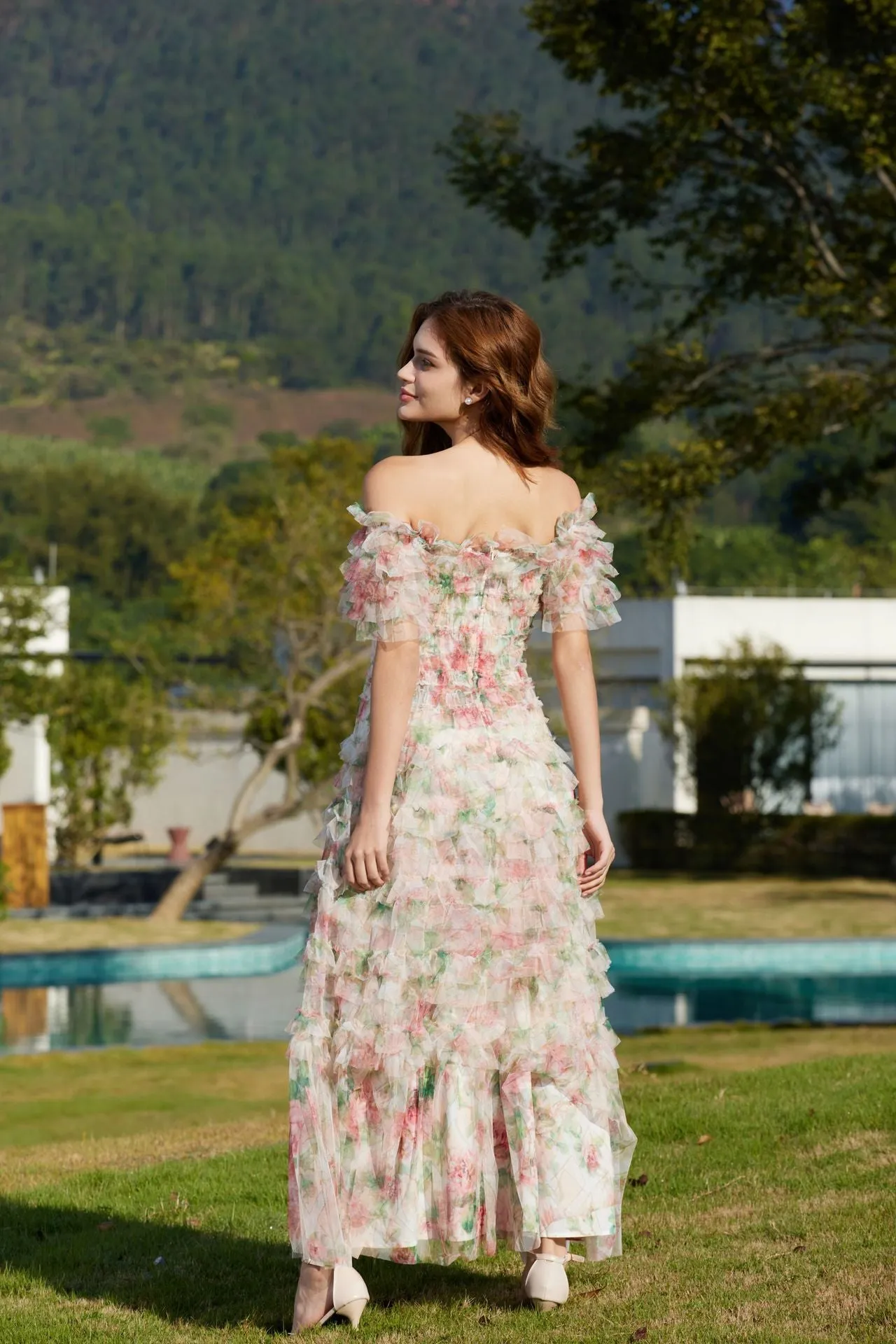 Trapèzes Mancherons Épaules Dénudées Longueur Ras du Sol Robes Invitée de Mariage en ROSE