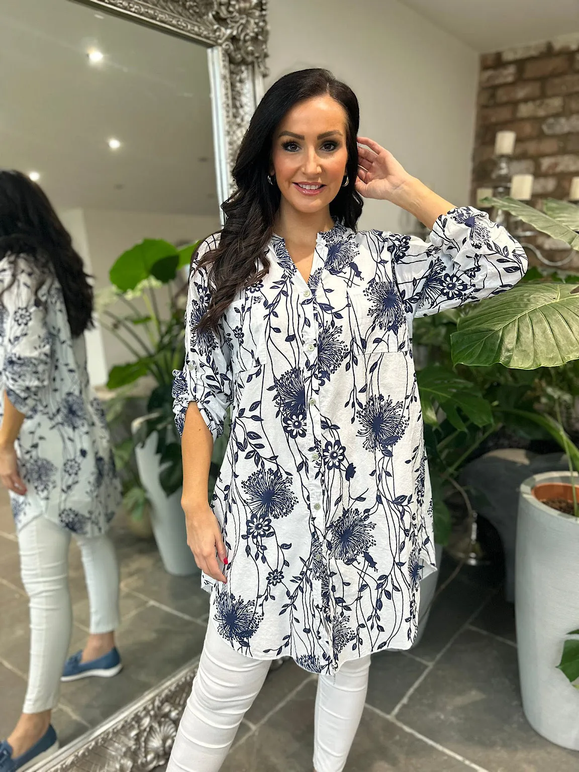 White Dandelion Print Shirt Tunic Delilah