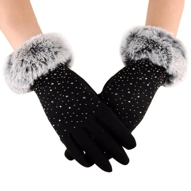 Women Gloves Warm Winter Play Phone Fur Gloves Rhinestone Beauty Elegant Gloves Luva Feminina#A11 SM6