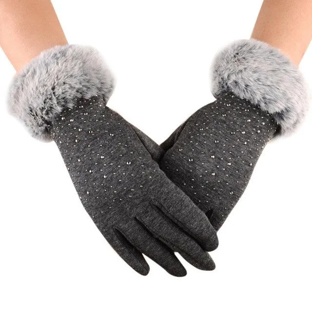 Women Gloves Warm Winter Play Phone Fur Gloves Rhinestone Beauty Elegant Gloves Luva Feminina#A11 SM6