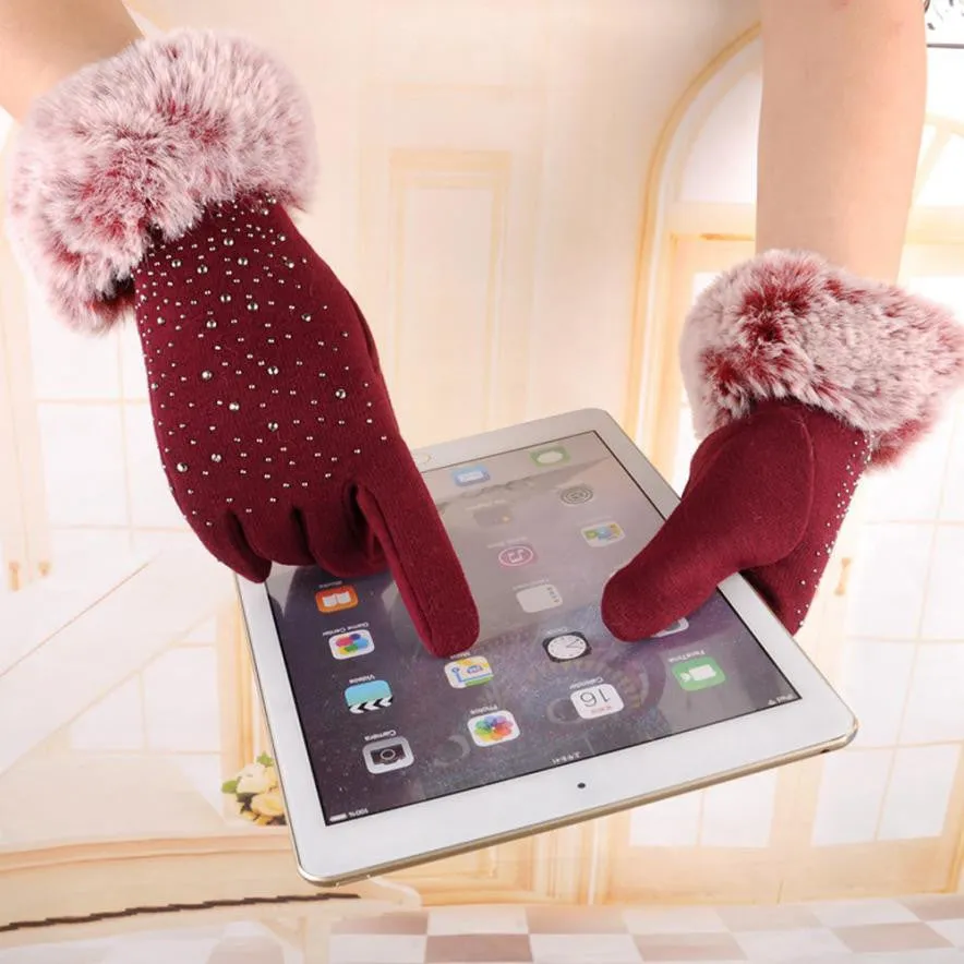 Women Gloves Warm Winter Play Phone Fur Gloves Rhinestone Beauty Elegant Gloves Luva Feminina#A11 SM6