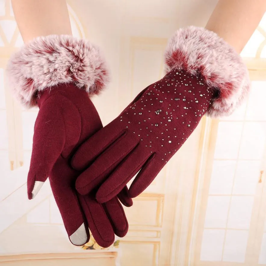 Women Gloves Warm Winter Play Phone Fur Gloves Rhinestone Beauty Elegant Gloves Luva Feminina#A11 SM6