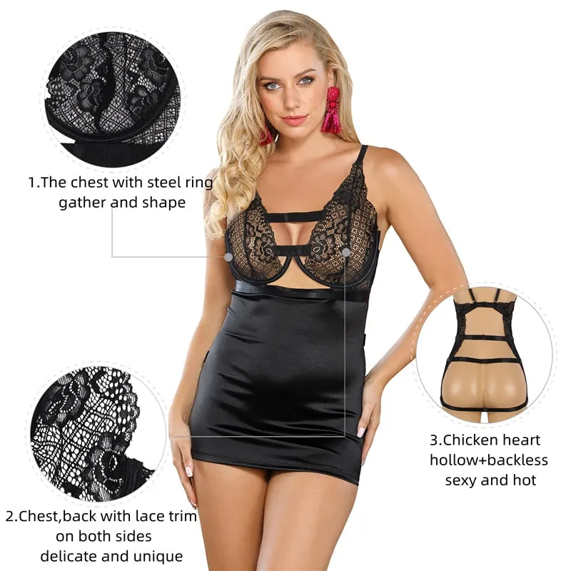 Women's Black Floral Lace Leather Hollow Push-Up Bra Skirt Lingerie