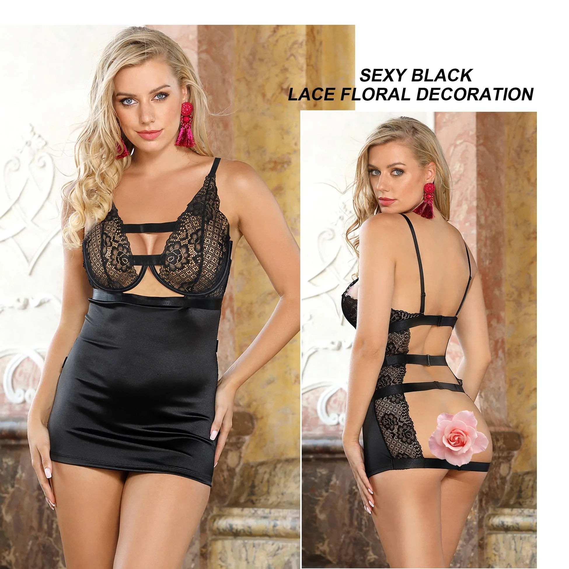 Women's Black Floral Lace Leather Hollow Push-Up Bra Skirt Lingerie