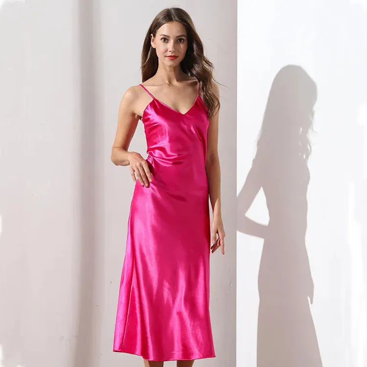 Women's Satin Nightgown Long Slip Sleep Dress Silk V Neck Sleepwear