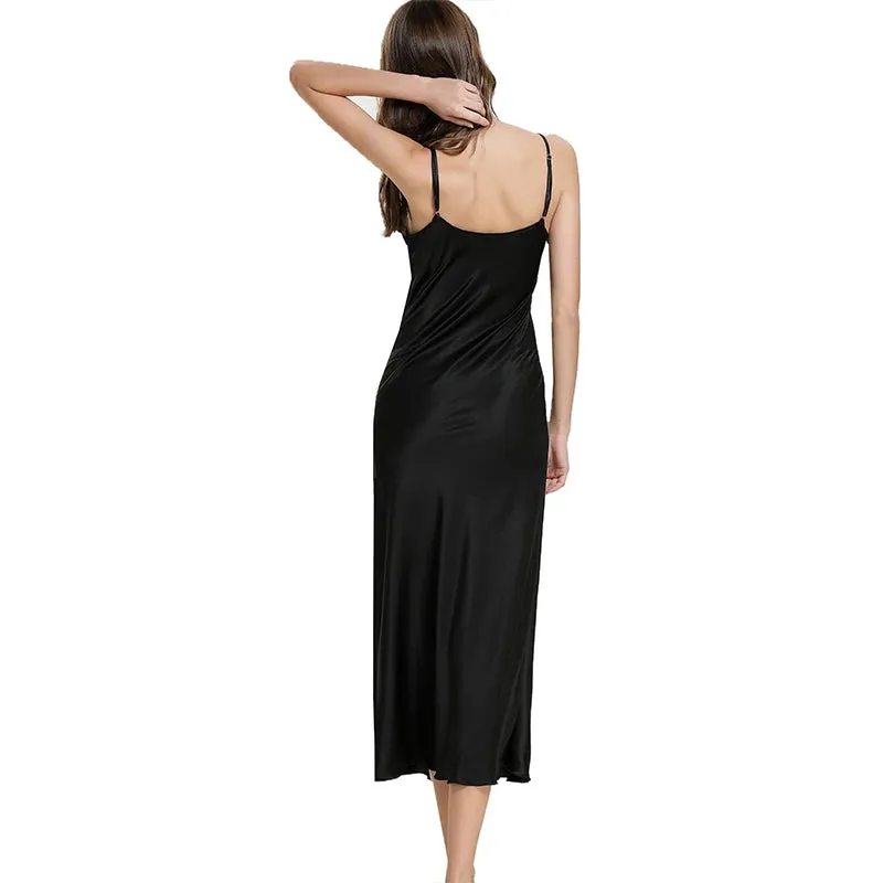 Women's Satin Nightgown Long Slip Sleep Dress Silk V Neck Sleepwear