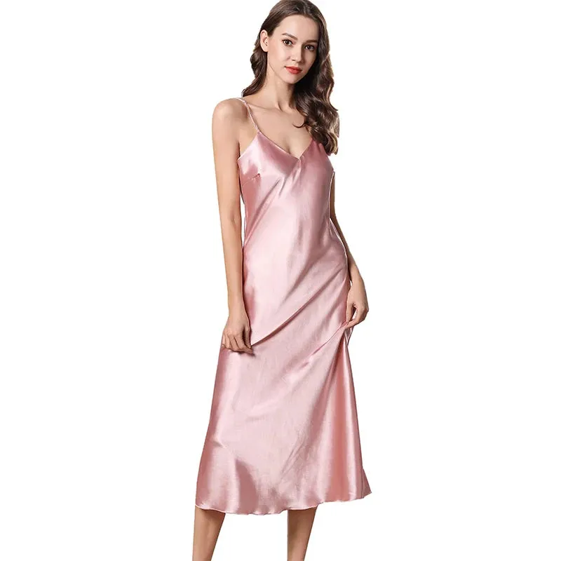 Women's Satin Nightgown Long Slip Sleep Dress Silk V Neck Sleepwear