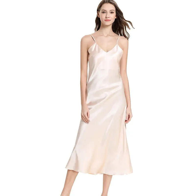 Women's Satin Nightgown Long Slip Sleep Dress Silk V Neck Sleepwear