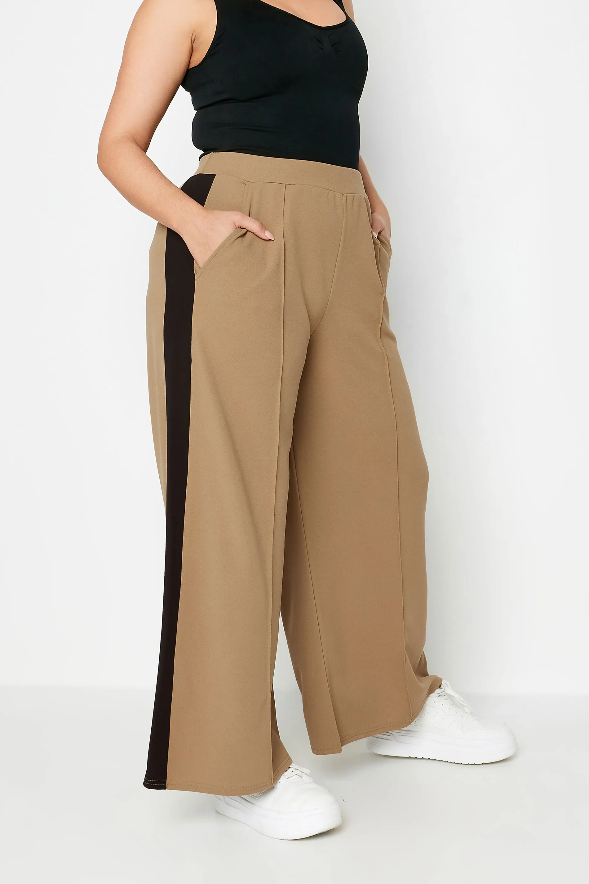 YOURS Curve Beige Brown Side Stripe Wide Leg Trousers