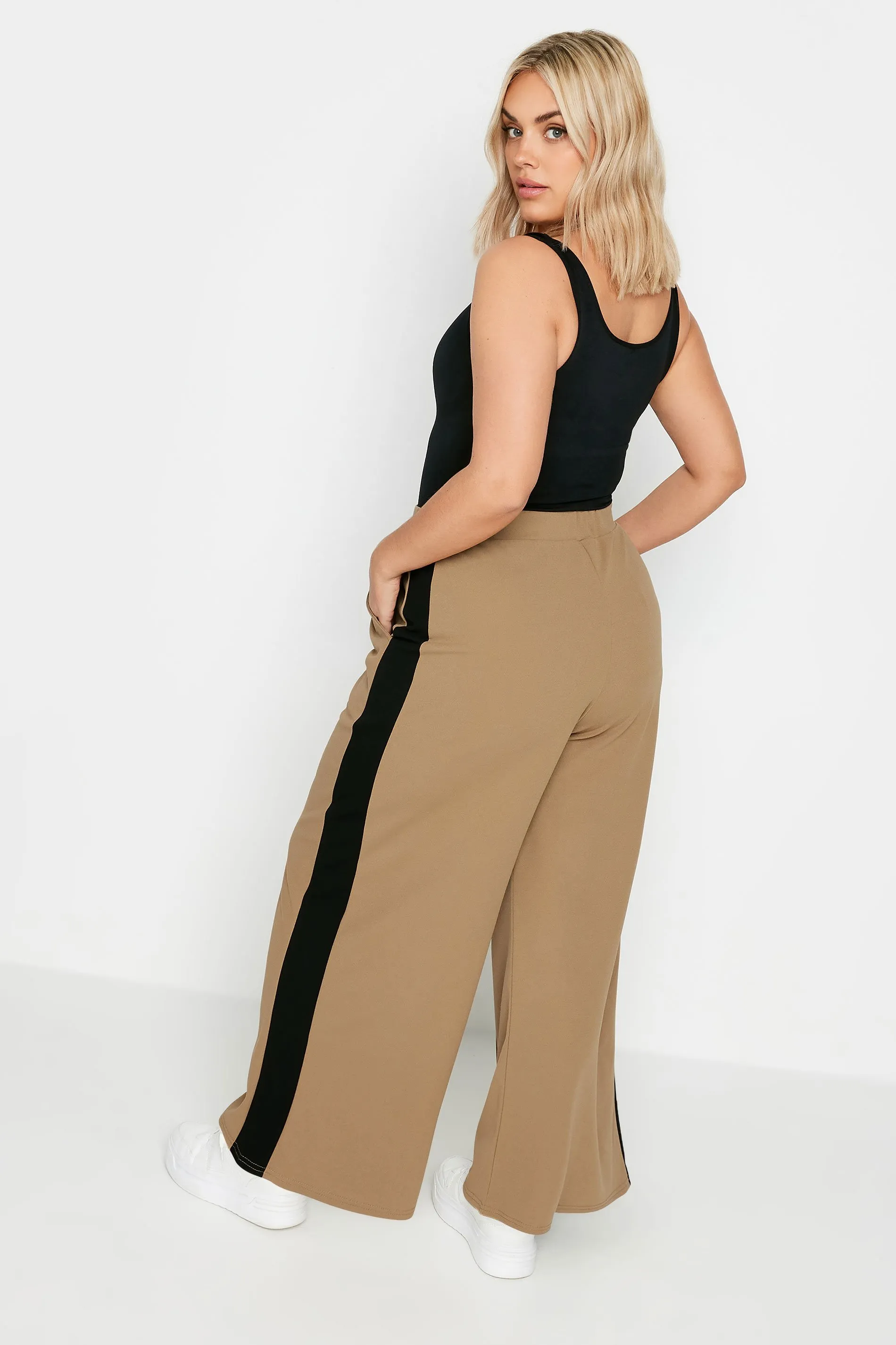 YOURS Curve Beige Brown Side Stripe Wide Leg Trousers