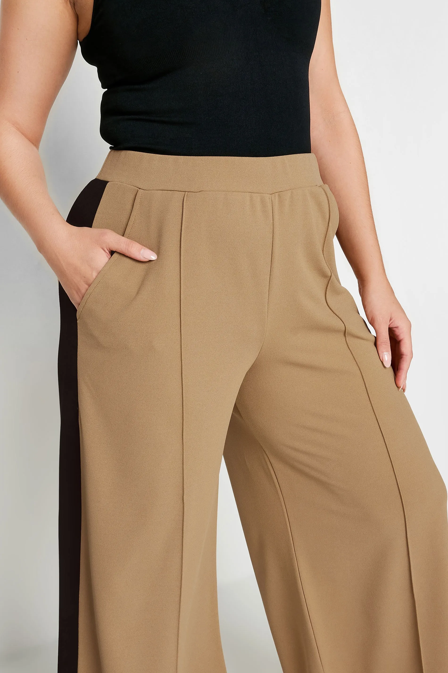 YOURS Curve Beige Brown Side Stripe Wide Leg Trousers