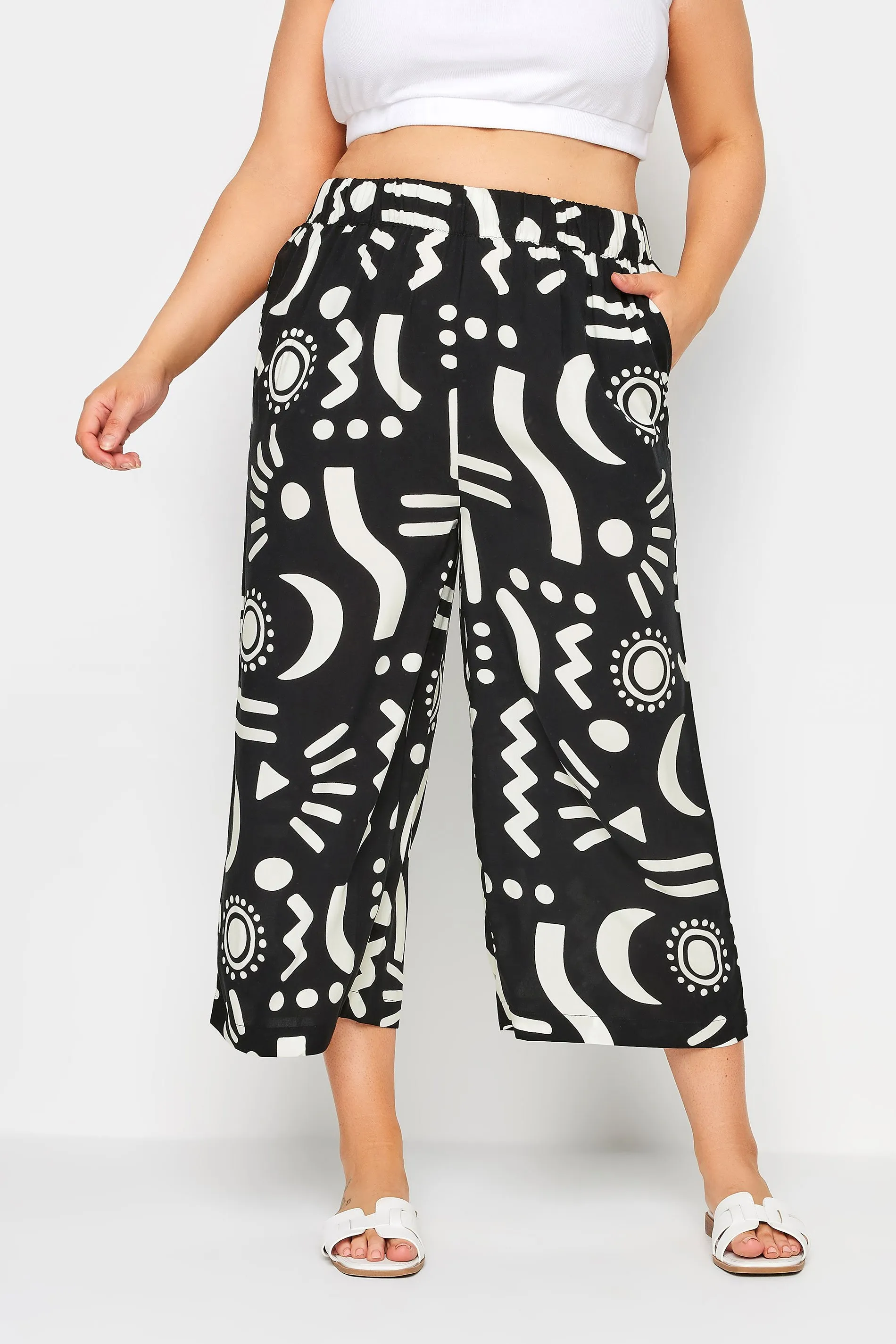 YOURS Curve Black Abstract Print Wide Leg Cropped Trousers