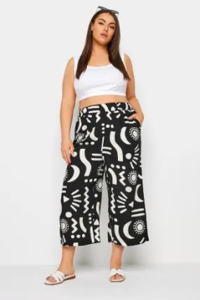 YOURS Curve Black Abstract Print Wide Leg Cropped Trousers