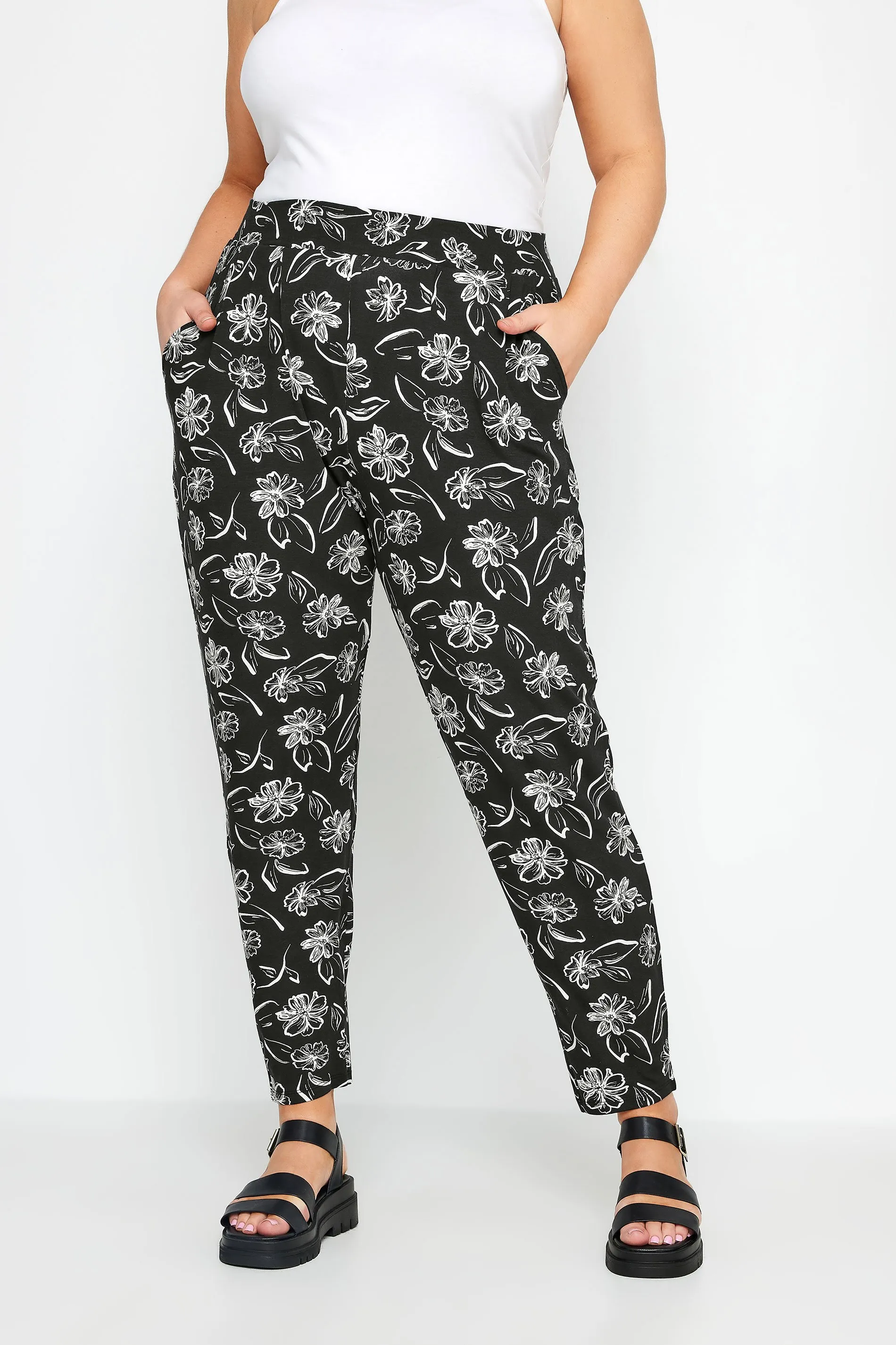 YOURS Curve Black Floral Print Double Pleat Harem Trousers