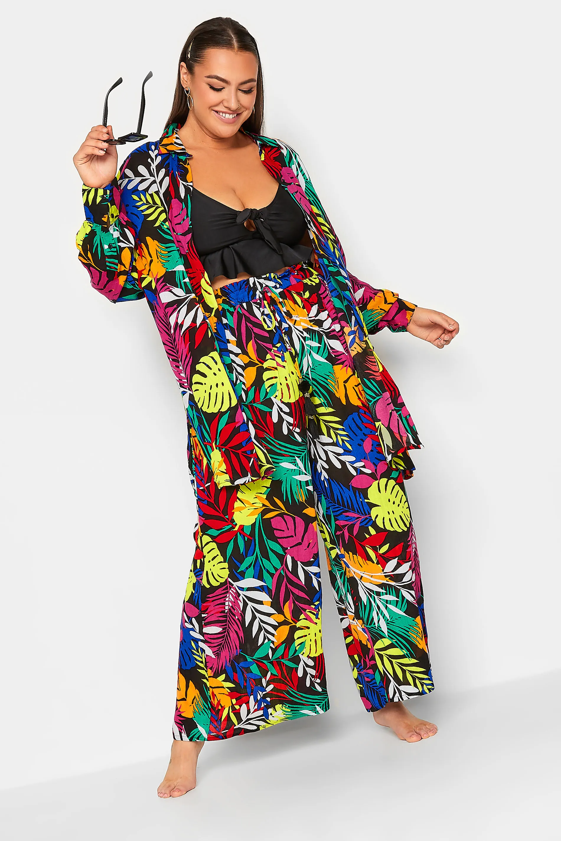 YOURS Curve Black Tropical Print Wide Leg Beach Trousers