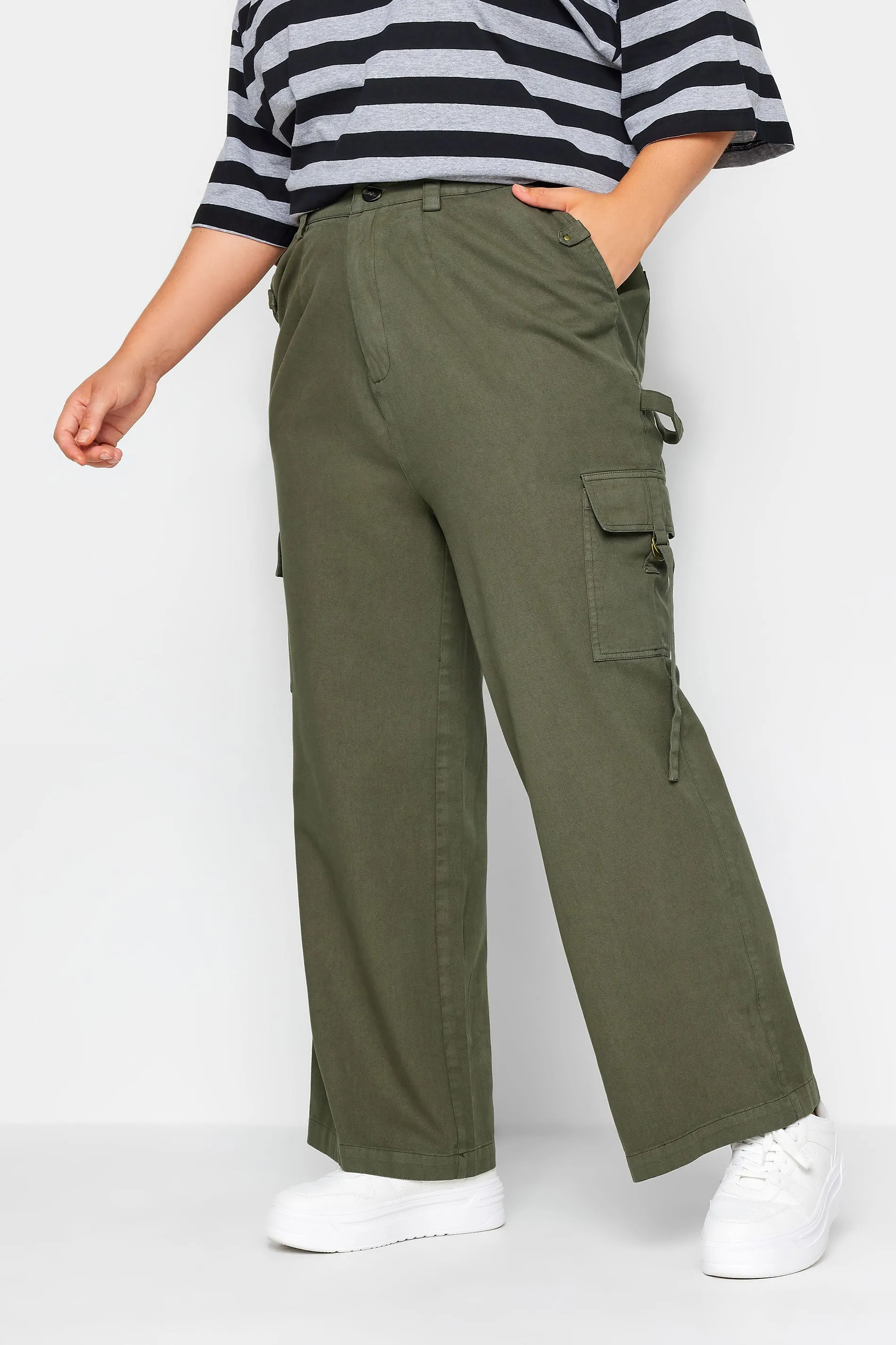 YOURS Curve Khaki Green Wide Leg Twill Cargo Trousers