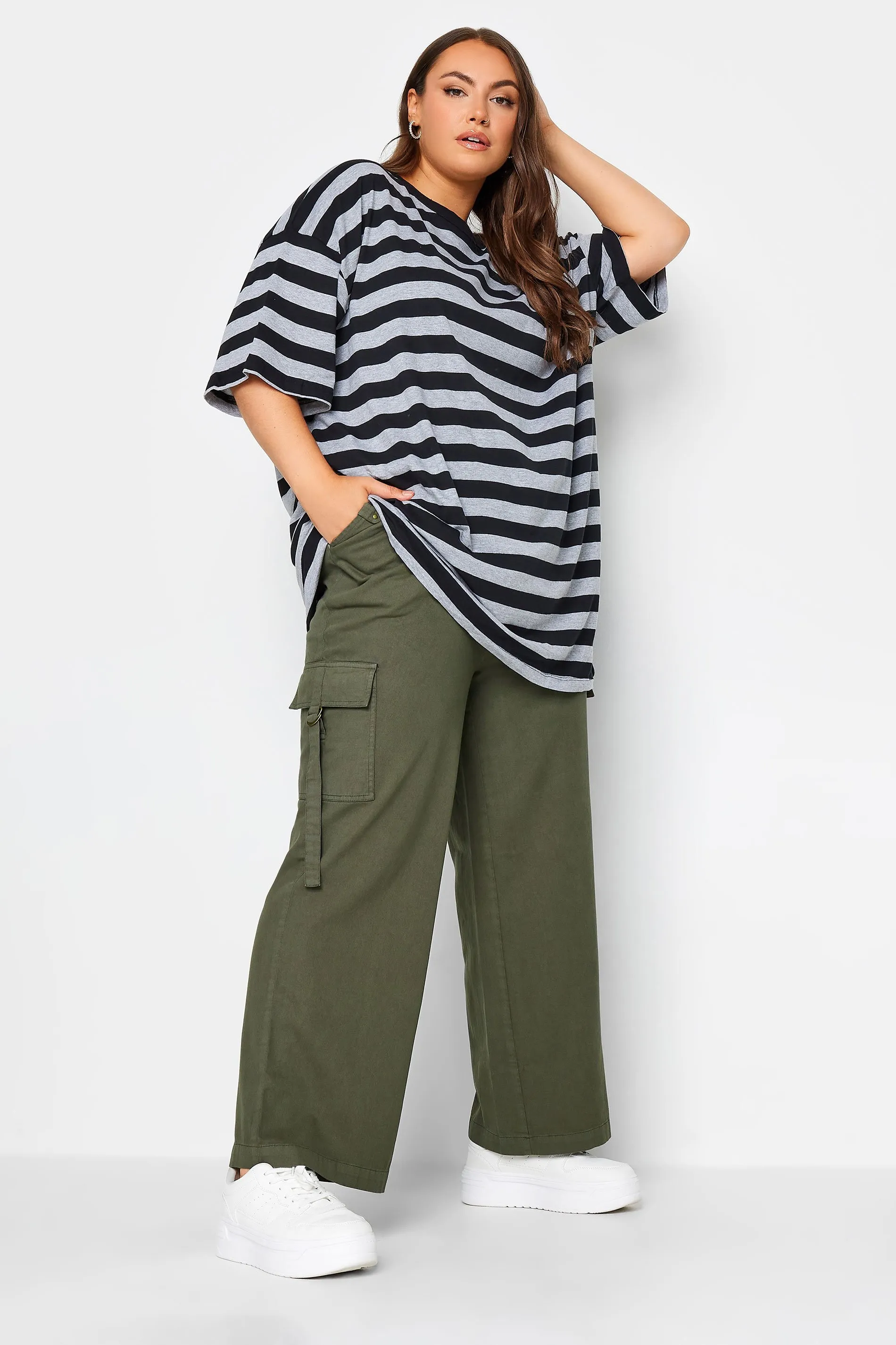 YOURS Curve Khaki Green Wide Leg Twill Cargo Trousers