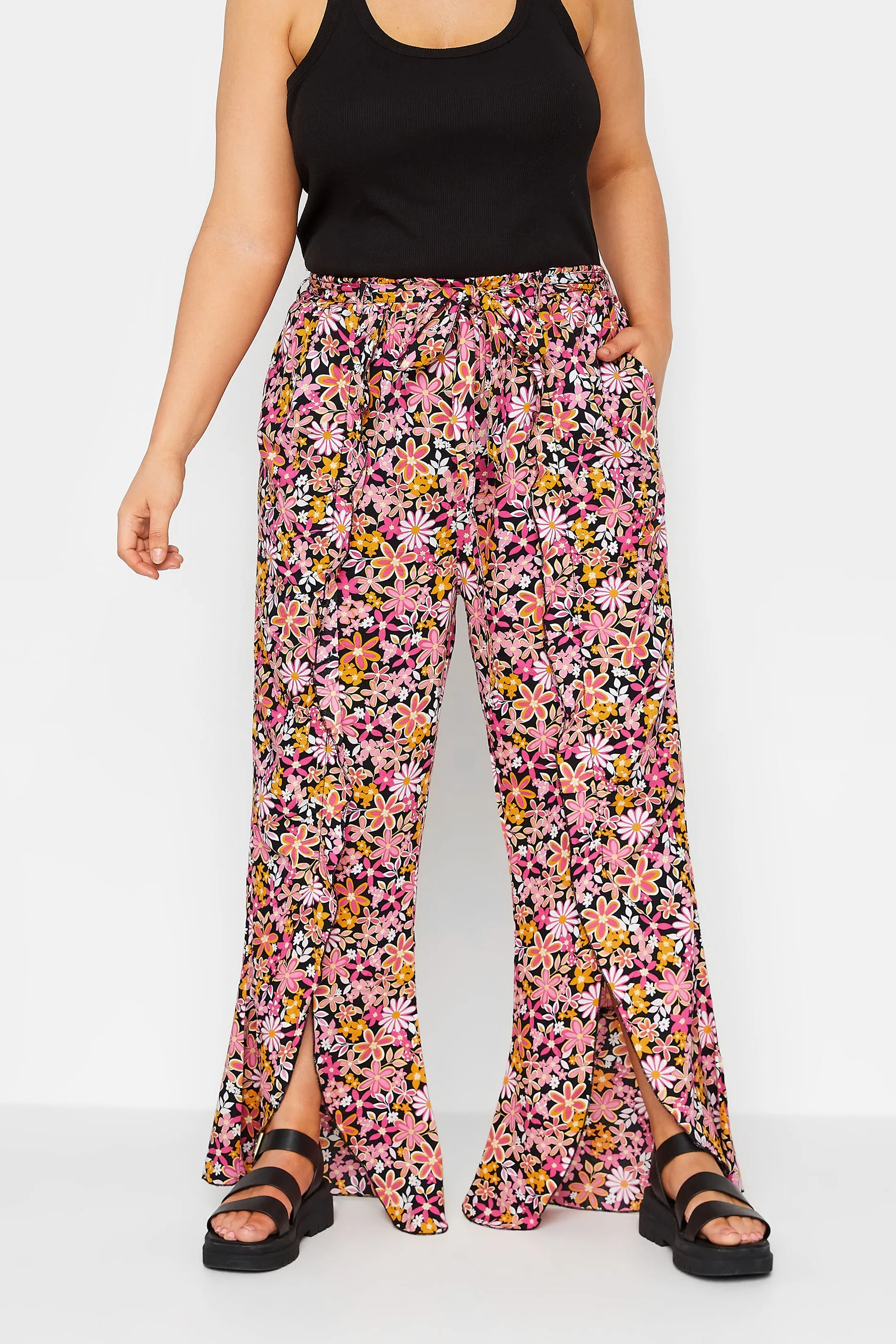 YOURS Curve Pink Floral Print Frill Wide Leg Trousers