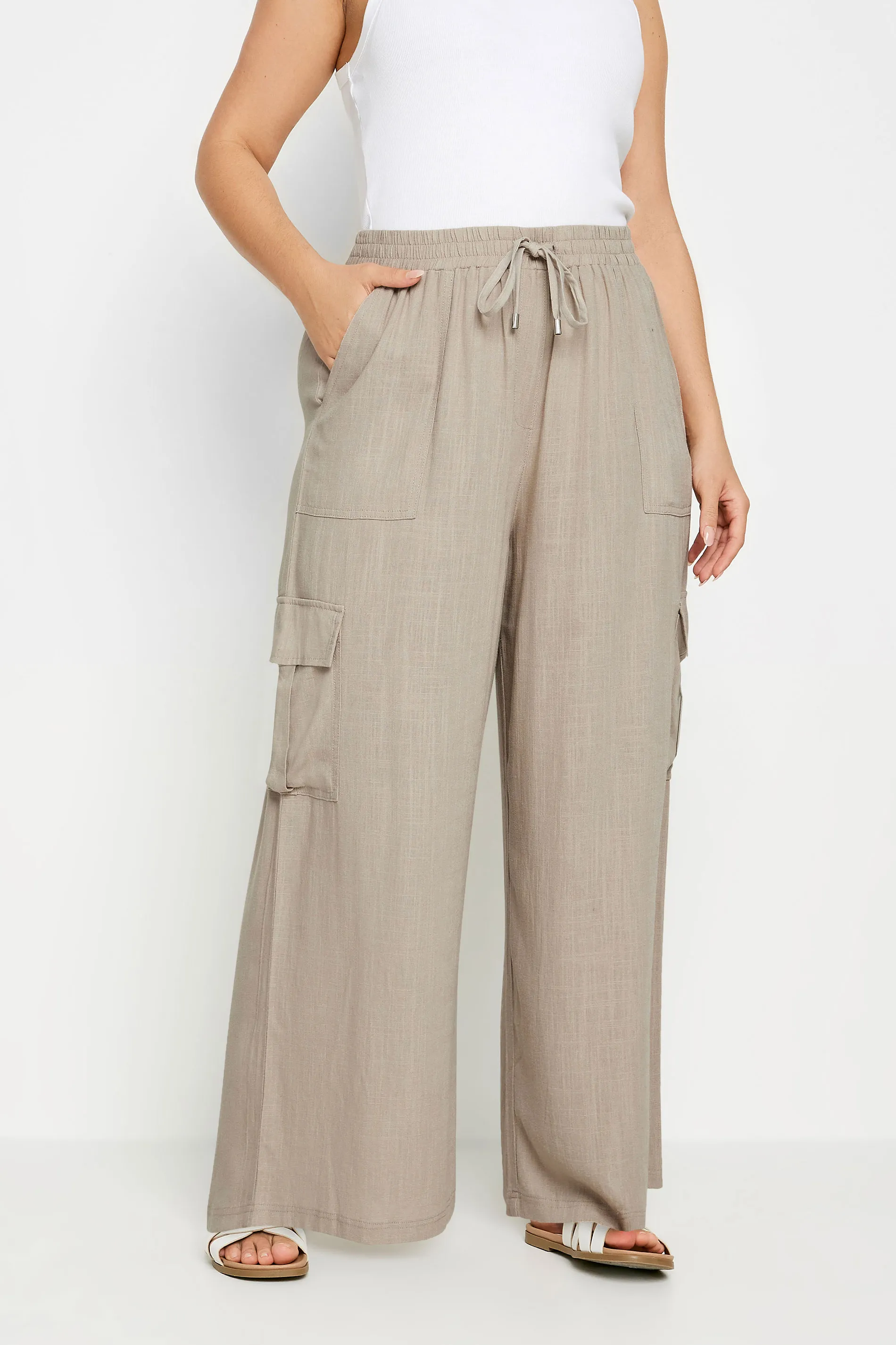 YOURS Curve Stone Brown Linen Wide Leg Cargo Trousers