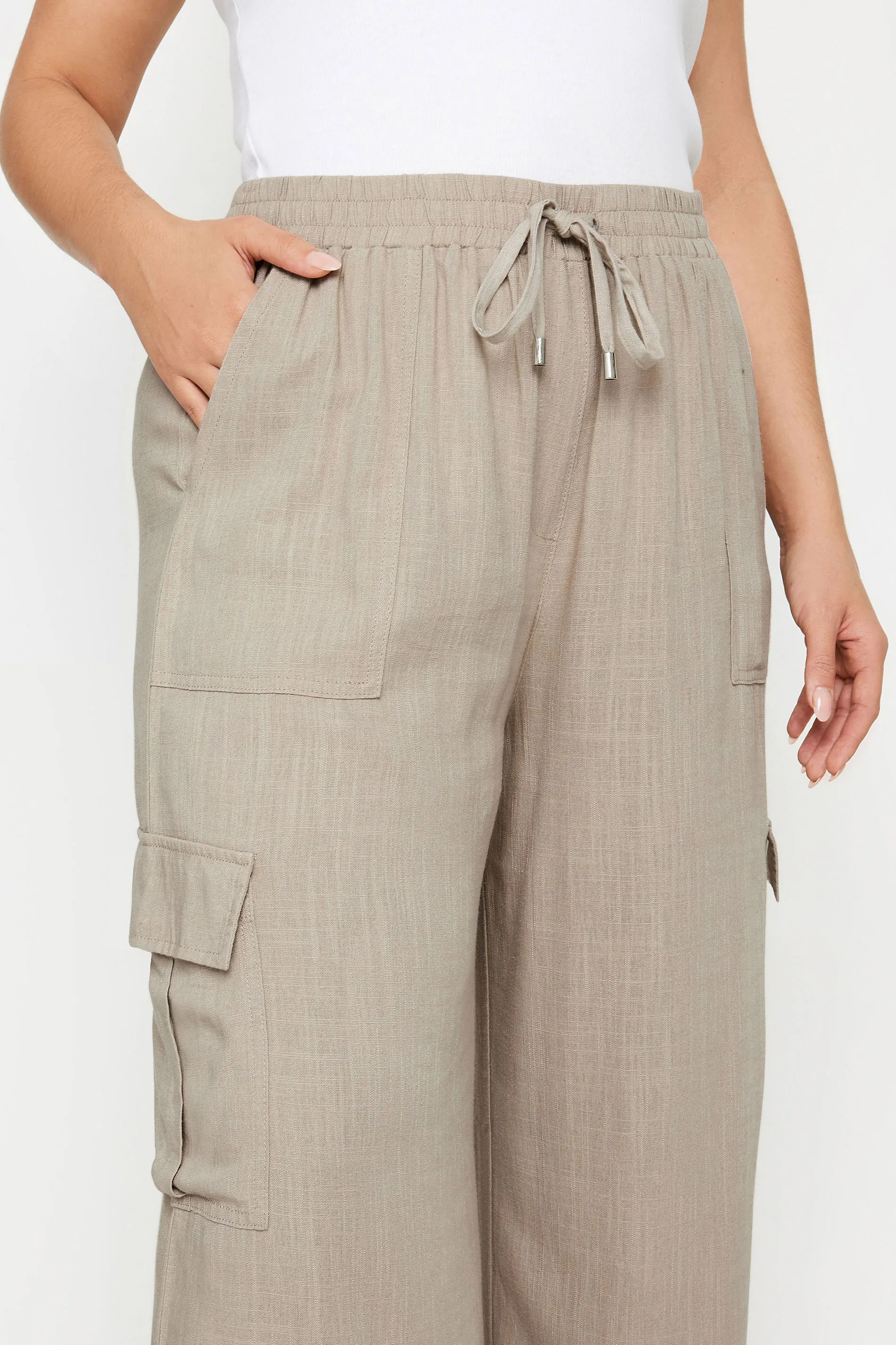 YOURS Curve Stone Brown Linen Wide Leg Cargo Trousers