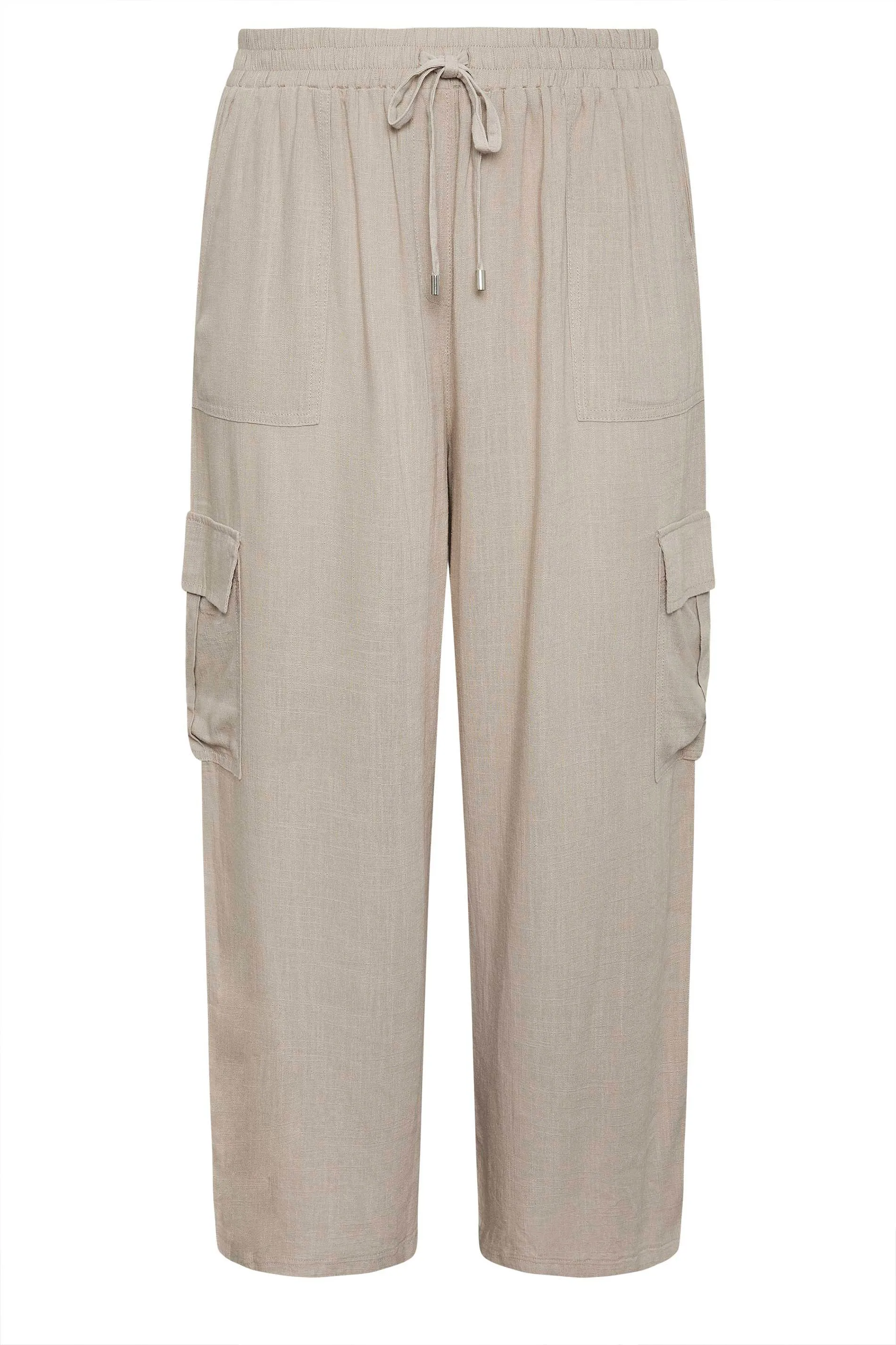 YOURS Curve Stone Brown Linen Wide Leg Cargo Trousers