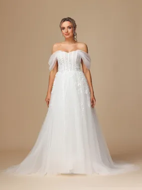 Épaule dénudée Dentelle Tulle Robe de Mariée avec Traîne