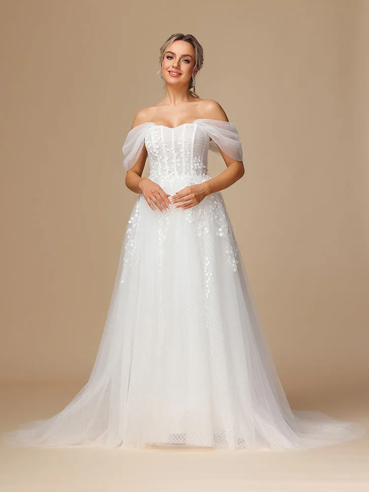 Épaule dénudée Dentelle Tulle Robe de Mariée avec Traîne