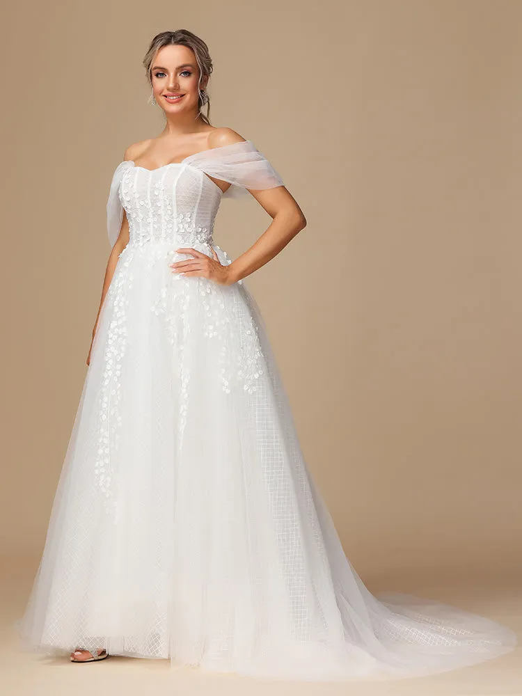 Épaule dénudée Dentelle Tulle Robe de Mariée avec Traîne