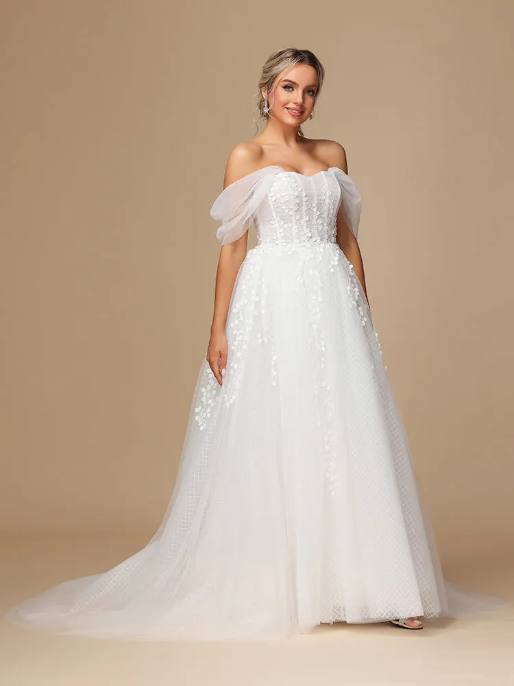 Épaule dénudée Dentelle Tulle Robe de Mariée avec Traîne