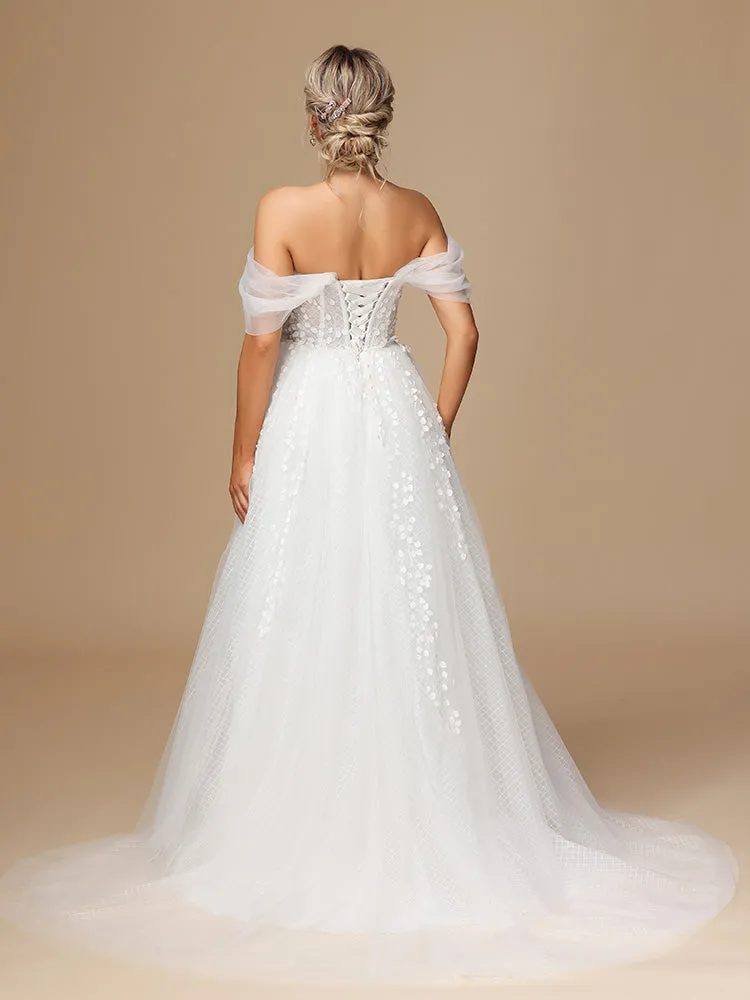 Épaule dénudée Dentelle Tulle Robe de Mariée avec Traîne